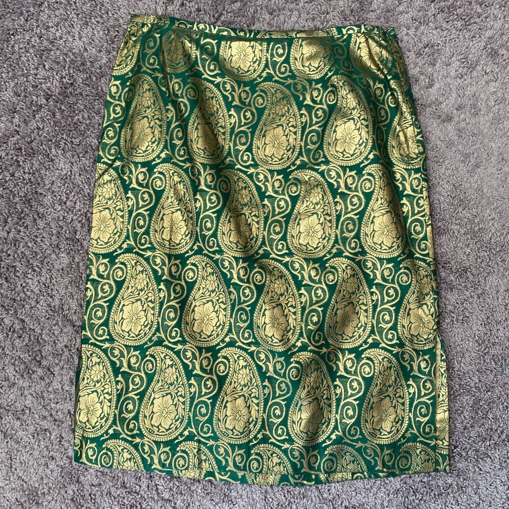 LAFAYETTE 148 NY Green Gold Brocade Paisley Artsy Metallic Elegant Skirt Size 10